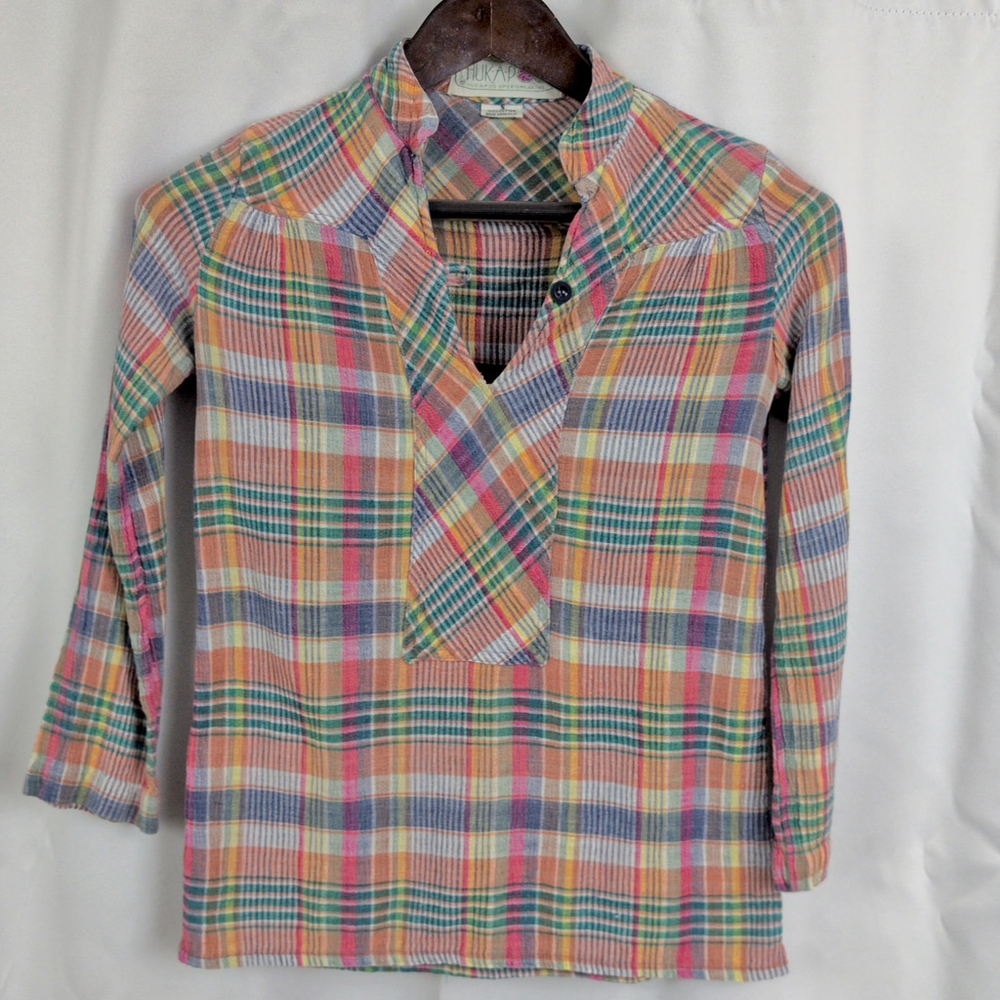 Vintage Huk-A-Poo Crinkle Cotton Plaid India Made Top